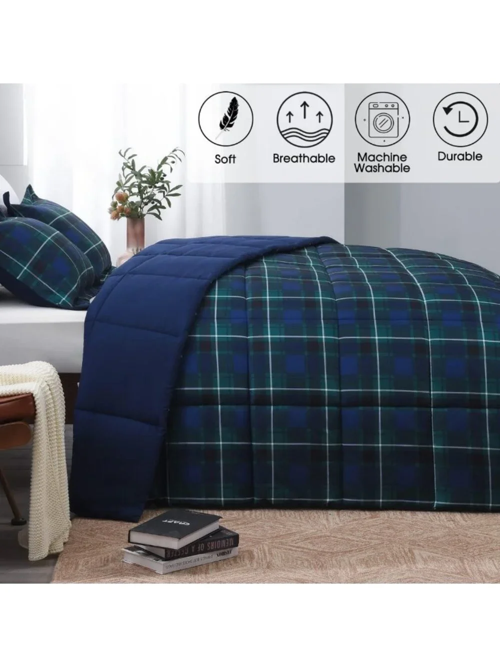 Cozy Twin Comforter Set - Navy Green Buffalo Plaid Down Alternative Bedding, All